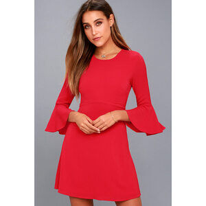 Lulus Center Of Attention Red Flounce Sleeve Dress - Size Small